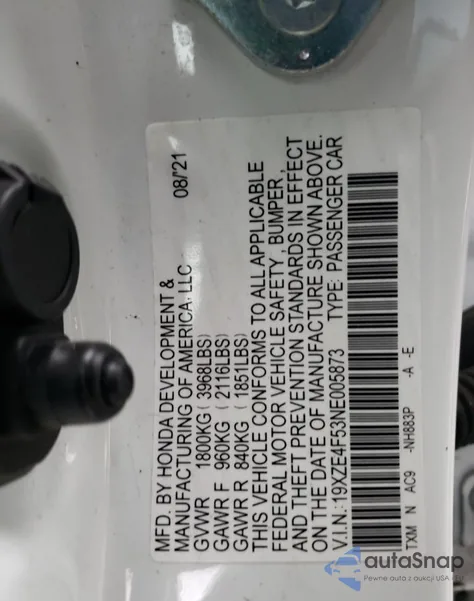 2022 Honda Insight Ex z USA, uszkodzony, nr VIN 19XZE4F53NE005873